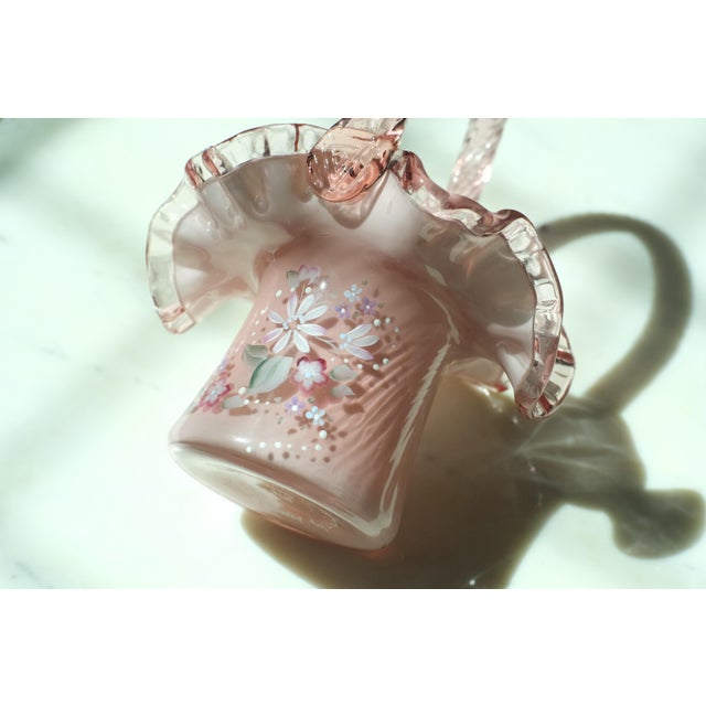 American 1990s Fenton Art Glass Hand Painted Signed Floral Basket Vase For Sale - Image 3 of 7