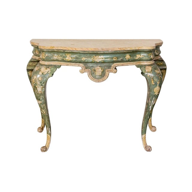 Vintage Mario Buatta demilune. Hand painted details and cabriole legs. America. Item is unmarked.