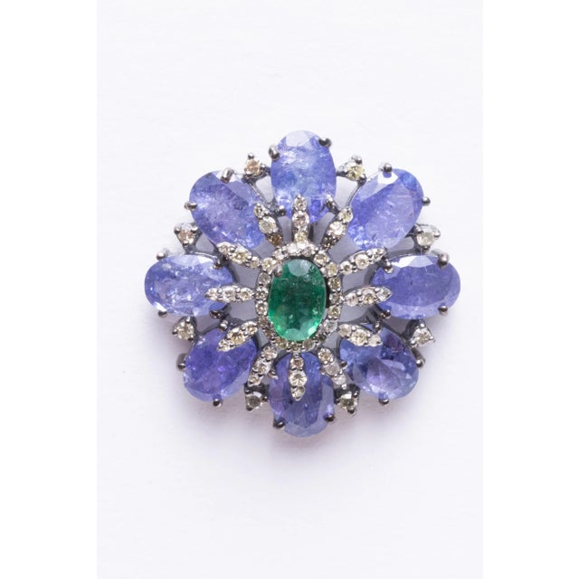 Modern Tanzanite, Emerald and Diamond Stud Earrings, 2 Pieces For Sale - Image 3 of 4