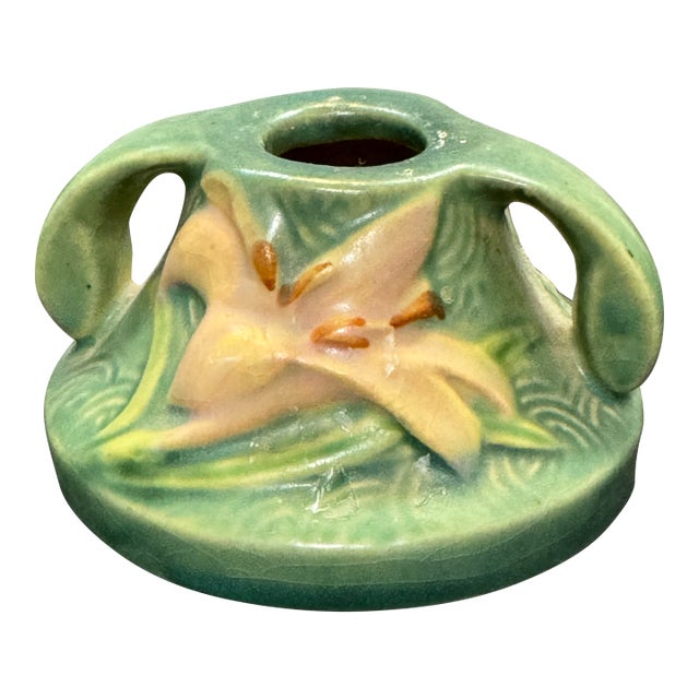 Vintage Roseville Pottery Zephyr Lily Single Candle Holder 1162-2 Evergreen MCM For Sale
