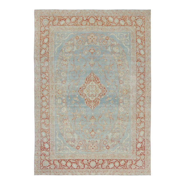 Antique Persian Floral Rug With Sky Blue Field and Coral Medallion - Rug & Kilim For Sale