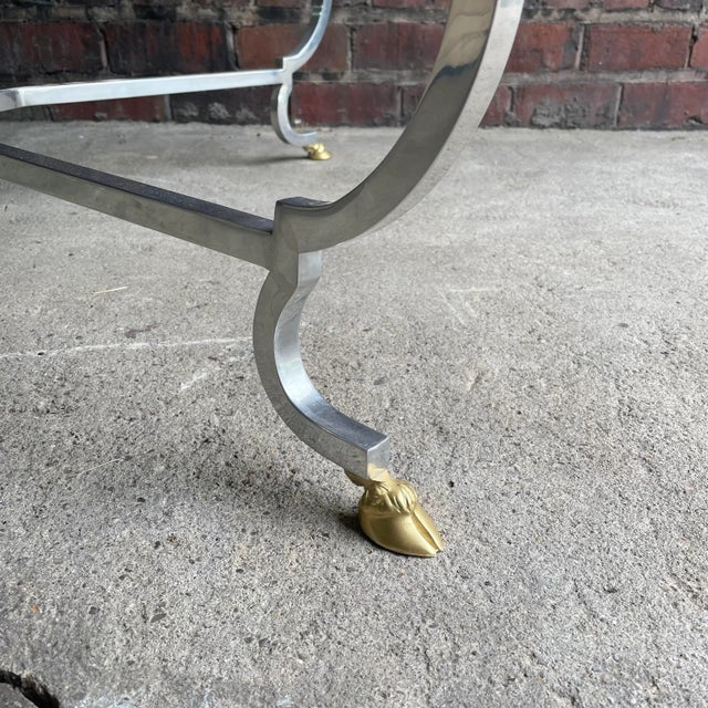 Mid 20th Century Mid 20th Century Square Chrome and Brass Hoof Base Coffee Table with Glass Top For Sale - Image 5 of 9