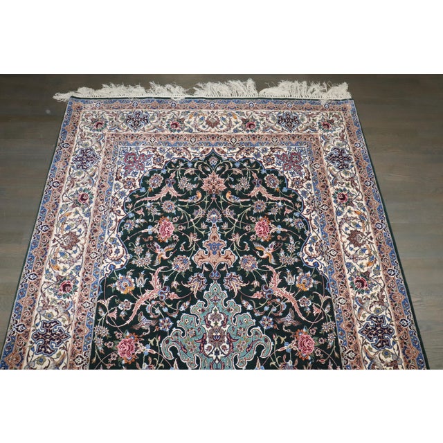 Textile Zabihi Collection Silk Warp Green Persian Isfahan Prayer Rug For Sale - Image 7 of 12