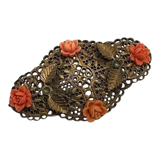 1940s Coral Celluloid Floral & Cabochons Filigree Brooch Pin For Sale