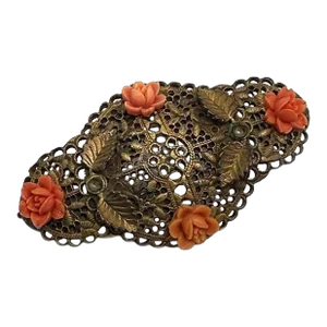 1940s Coral Celluloid Floral & Cabochons Filigree Brooch Pin