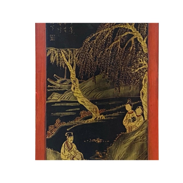 Asian Antique Vintage Restored Golden Oriental Scenery Graphic Wood Panel Art For Sale - Image 3 of 9