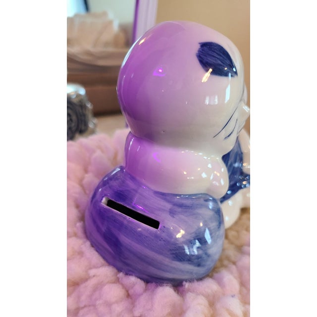 1980s Thai Blue & White Sleeping Boy Piggy Bank Figurine For Sale - Image 4 of 13