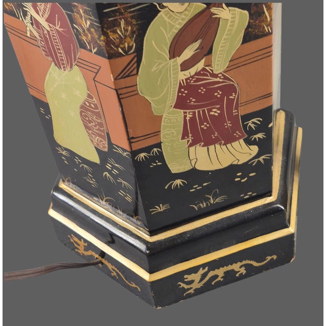 Vintage Asian Black Lacquer Hexagonal Figural Chinoiserie Table Lamp For Sale - Image 10 of 12