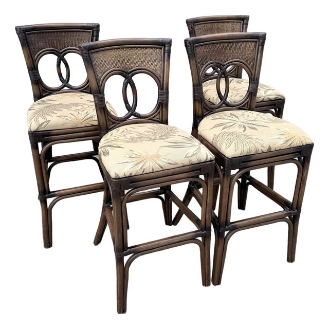 Boho Chic Rattan and Wicker Counter Stools - Set of 4 For Sale