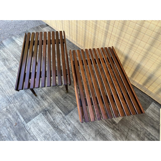 A Pair of Newly Restored Mid Century Modern George Nelson Style Wood Slat Benches / Side Tables. For Sale - Image 13 of 18