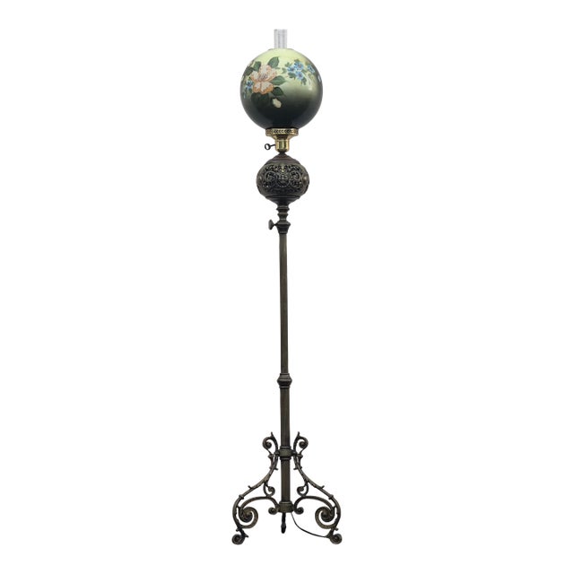 Antique Bradley & Hubbard Style Electrified Oil Adjustable Height Parlor Floor Lamp For Sale