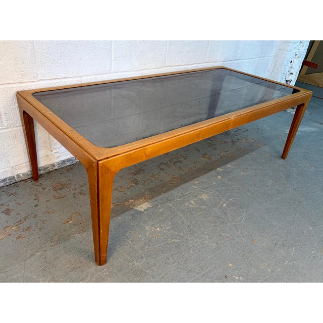 Wood Mid 20th Century Rectangular Smoked Glass Coffee Table For Sale - Image 7 of 13