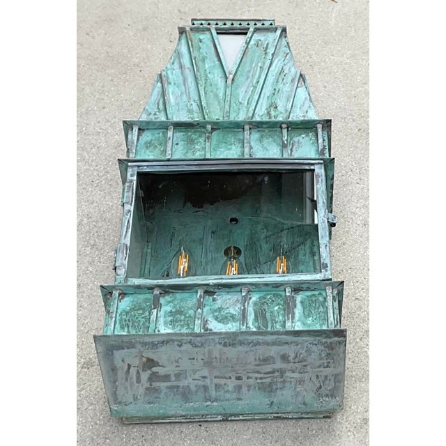 Metal Single Monumental Art Deco Style Verdigris Copper & Brass Wall Lantern For Sale - Image 7 of 14