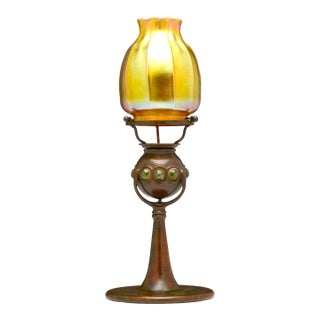 Antique Tiffany Studios Jeweled Favrile Glass Candle Lamp, Patinated Bronze Base For Sale