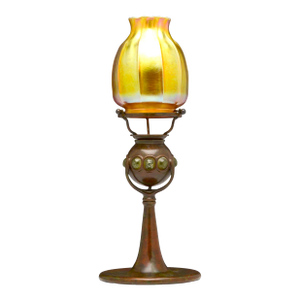 Antique Tiffany Studios Jeweled Favrile Glass Candle Lamp, Patinated Bronze Base