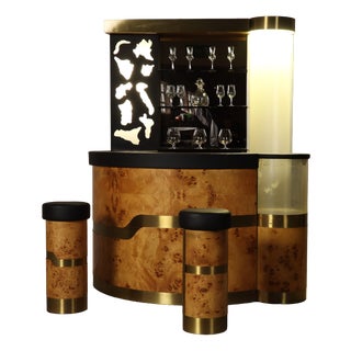 Italian Burl Wood Cocktail Bar with Illuminated Back and Stools, 1970s, Set of 3 For Sale