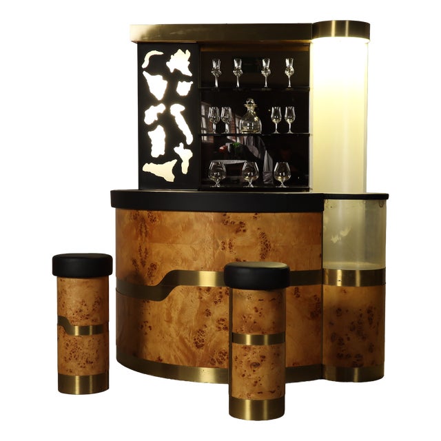 Italian Burl Wood Cocktail Bar with Illuminated Back and Stools, 1970s, Set of 3 For Sale
