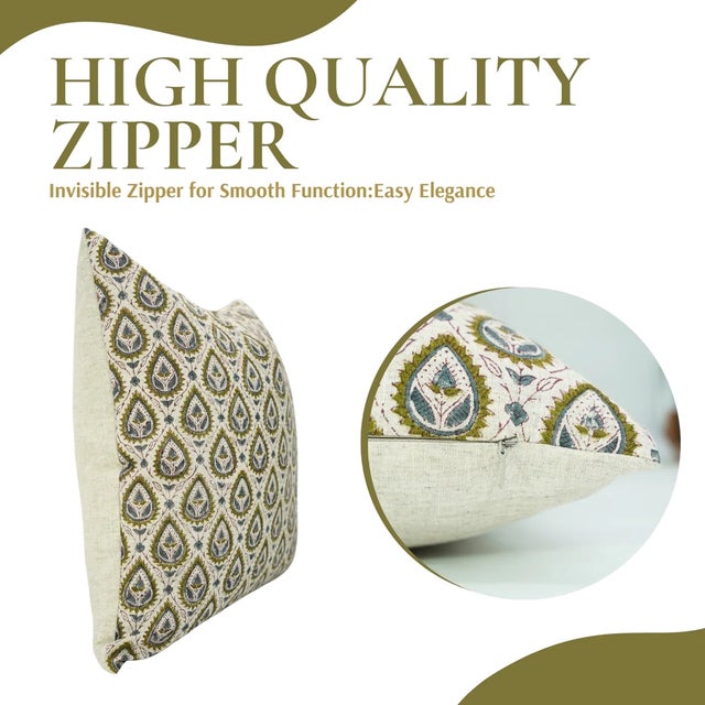 Traditional Fabdivine Handcrafted Block Print Cushion Cover 16x16 Inch Viscose Linen-Pan Patti For Sale - Image 3 of 5