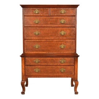 Baker Furniture Georgian Carved Walnut and Burl Wood Seven-Drawer Highboy Dresser, Circa 1960s For Sale