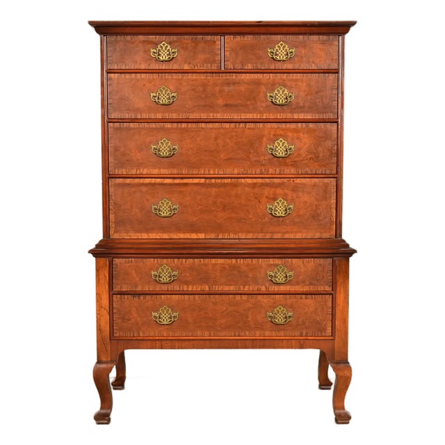 Baker Furniture Georgian Carved Walnut and Burl Wood Seven-Drawer Highboy Dresser, Circa 1960s For Sale