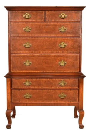 Baker Furniture Georgian Carved Walnut and Burl Wood Seven-Drawer Highboy Dresser, Circa 1960s