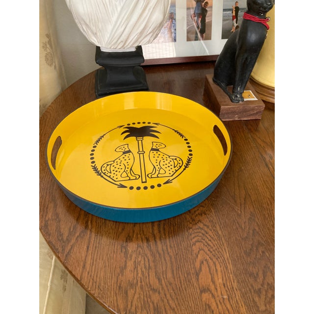 Teal Leopards Under Palm Tree Lacquered Bar Tray Casablanca Dior Inspired For Sale - Image 8 of 12