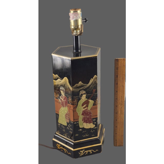 Black Vintage Asian Black Lacquer Hexagonal Figural Chinoiserie Table Lamp For Sale - Image 8 of 12