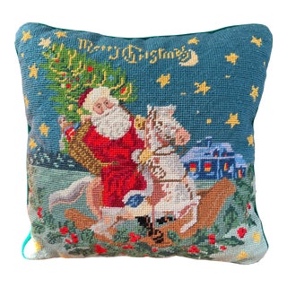 Vintage Santa Claus Needlepoint Pillow For Sale