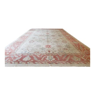 Turkish Oushak Carpet, 1950s, Handmade Oriental Rug, Beige, Taupe, Coral For Sale