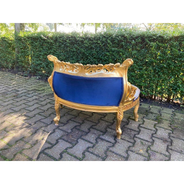 1980s French Louis XVI Blue Gold Beech Velvet Settee For Sale - Image 11 of 14