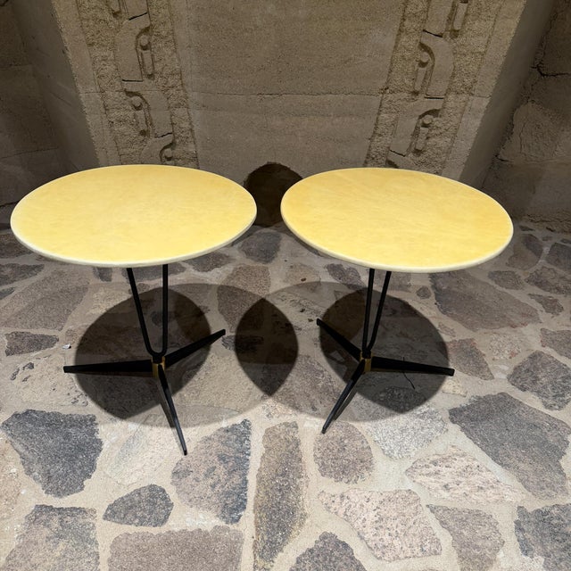Mid Century Modern Tripod Side Tables Goatskin French Inspired For Sale - Image 4 of 10