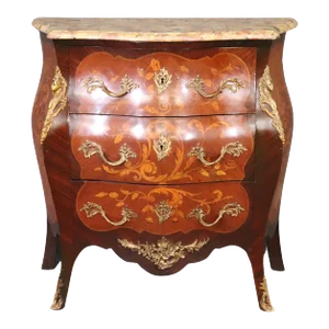 Figural Bronze Inlaid walnut Marble Top Louis XV commode Circa 1910