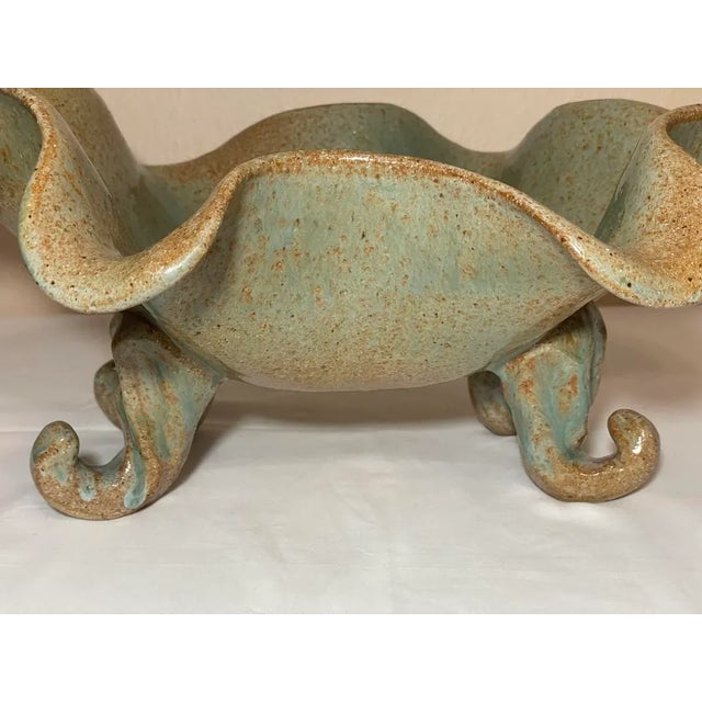 Studio Pottery Stoneware Large Wave Edge Bowl with coil twist feet. Sand beige/tan with russet flecks and light sea green...