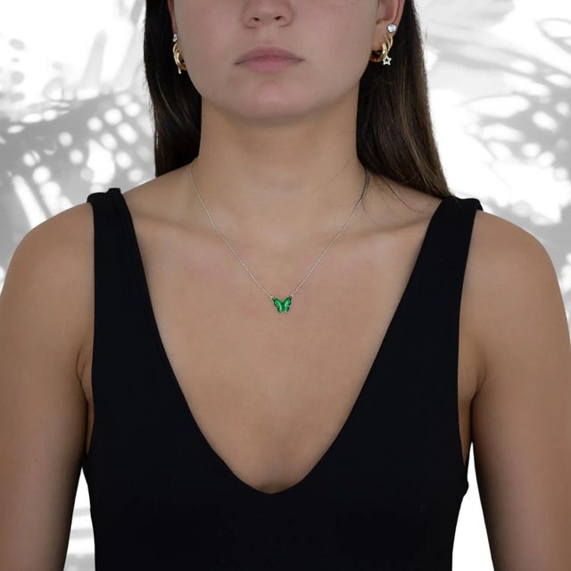 Silver Abundance Green Enamel Butterfly Necklace For Sale - Image 4 of 8