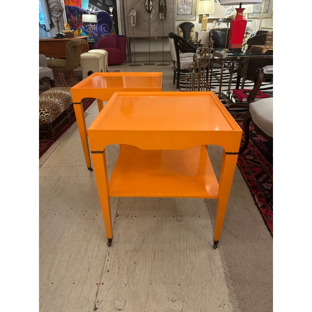 Glossy Hermes Orange Square Two Tier End Tables -a Pair For Sale - Image 16 of 16
