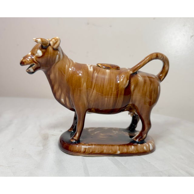 19th Century 19th Century Rare Early Antique Staffordshire Pottery Brown Drip Glaze Cow Creamer Sculpture For Sale - Image 5 of 17