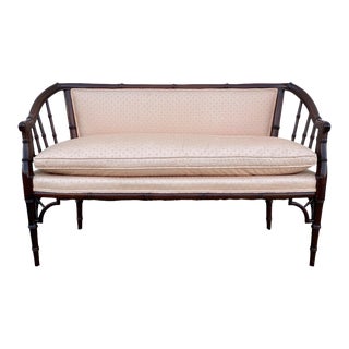 1950s Hollywood Regency Sofa With Faux Bamboo, Fretwork, Spindles and Soft Peach Pink Upholstered Fabric For Sale