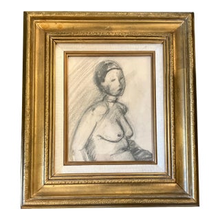 1940’s Original Matisse Style Female Nude Charcoal Study Drawing Vintage Frame For Sale