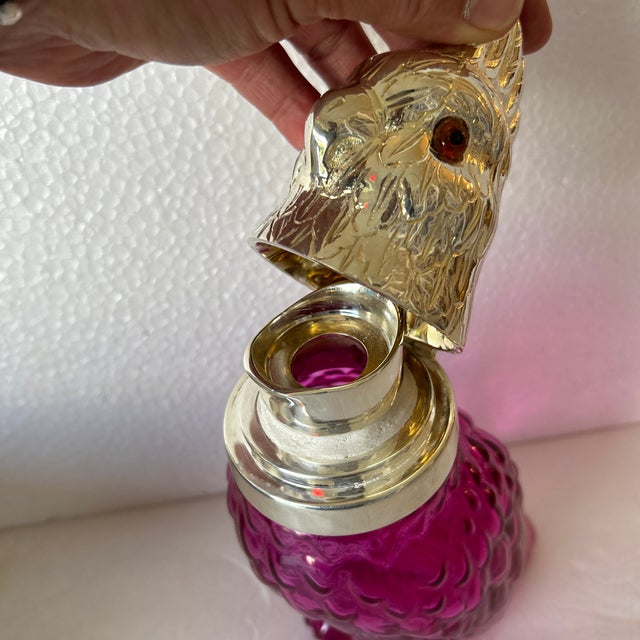 Antique Claret Wine Decanter/ Carafe of Red Raspberry Glass and Silver Plate Cockatoo Design, England For Sale - Image 11 of 12