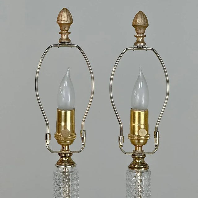 Metal Pair Mid-Century Neoclassical Cut Crystal & Brass Table Lamps For Sale - Image 7 of 12