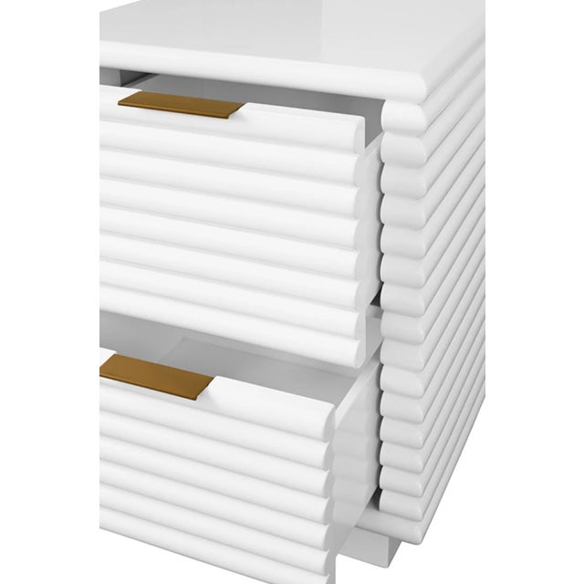 Worlds Away Matthew Izzo Home Nayla Glossy White Lacquer Two Drawer Side Table With Brass Drawer Pulls For Sale - Image 4 of 6
