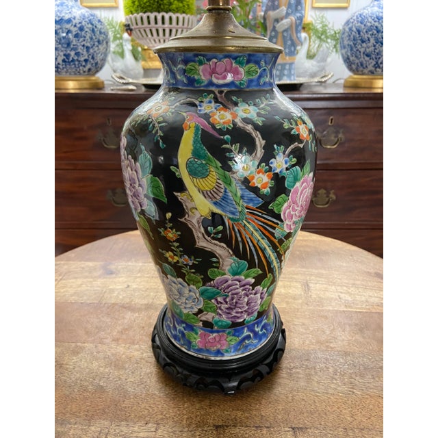 Wood Mid to Late Twentieth Century Famille Noir Chinese Export Floral Parrot Black Enamel Lamp For Sale - Image 7 of 8