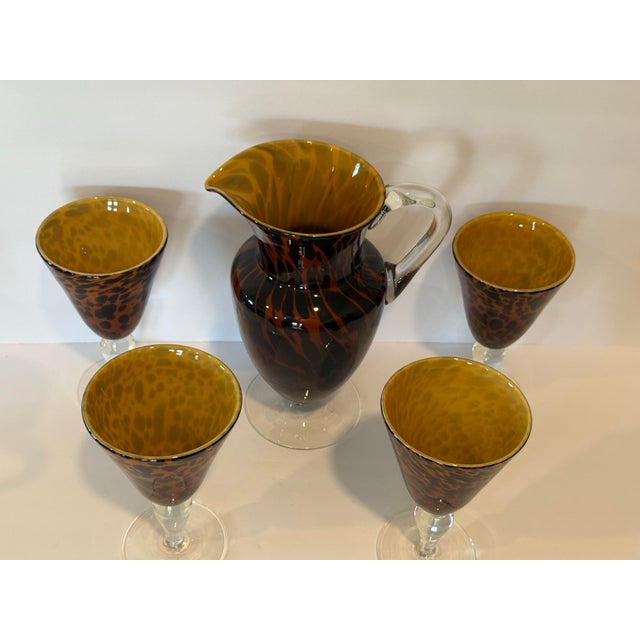 Vintage Tortoiseshell Art Glass Pitcher and 4 Glasses Set 5PC Leopard MCM Mint Stunning vintage mid-century modern 5-piece...