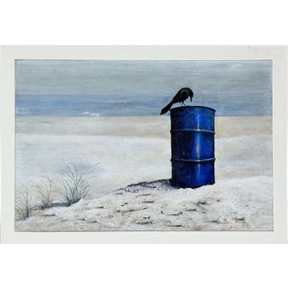 Original 1970s Pacific Northwest Oil on Board Painting Crow on Blue Drum by William Bill Sharp For Sale