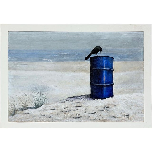 Original 1970s Pacific Northwest Oil on Board Painting Crow on Blue Drum by William Bill Sharp For Sale