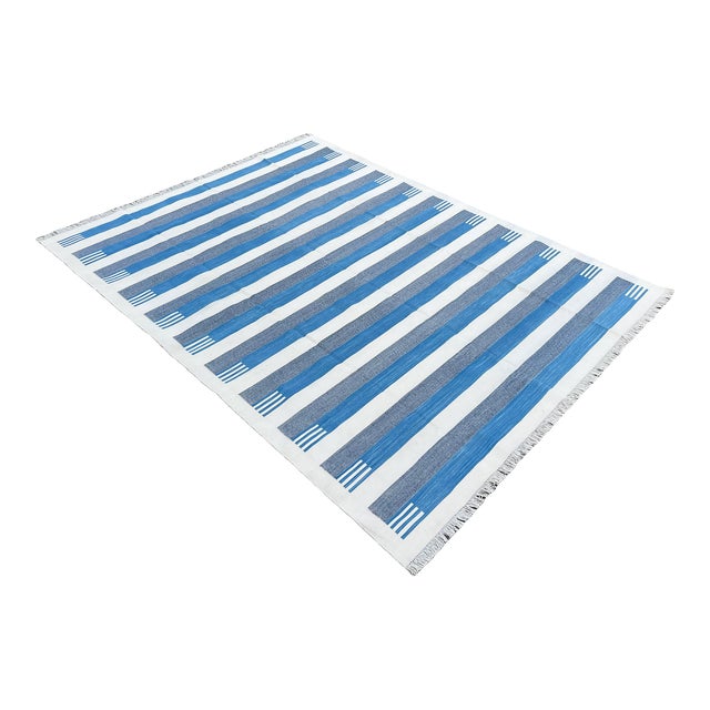 Handmade Cotton Area Rug, Sky Blue and White Cotton Vegetable Dyed Striped Dhurrie-6'x9' For Sale