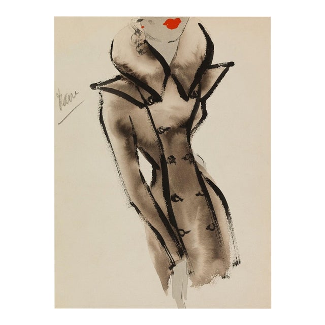 Vintage French Fashion Art Print – Brown Coat Illustration With Red Lips, 36" X 48" For Sale