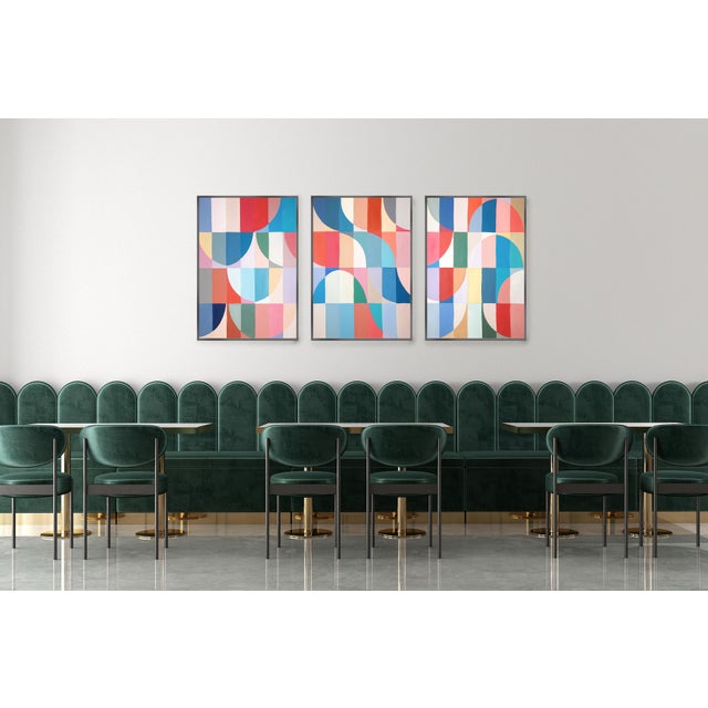 Paper 2026, Modern Bauhaus Painting in Vivid Tones of Reflective Whirlpool, Large Triptych, Acrylic Paint on Watercolor Paper For Sale - Image 7 of 11