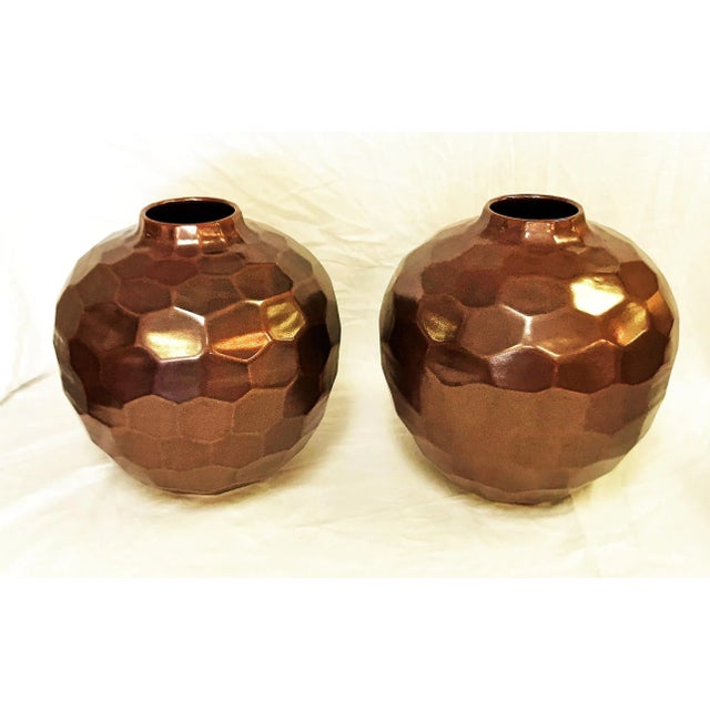 Mid-Century Modern Large Geometric Honeycomb Style Ceramic Vases With Copper Glaze- a Pair For Sale - Image 3 of 9