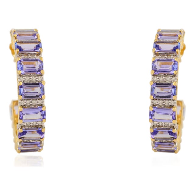 Octagon Cut 6.61 Ct Tanzanite Cluster Diamond 14k Gold Hoop Earrings- A Pair For Sale